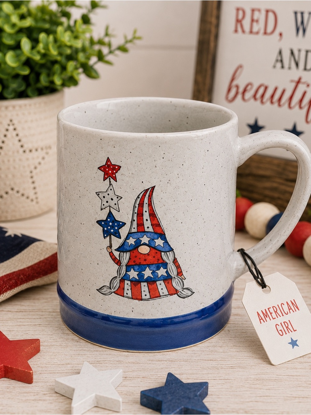 NEW Ceramic Patriotic Gnome Mug “American Girl” | Speckled Farmhouse Coffee Mug